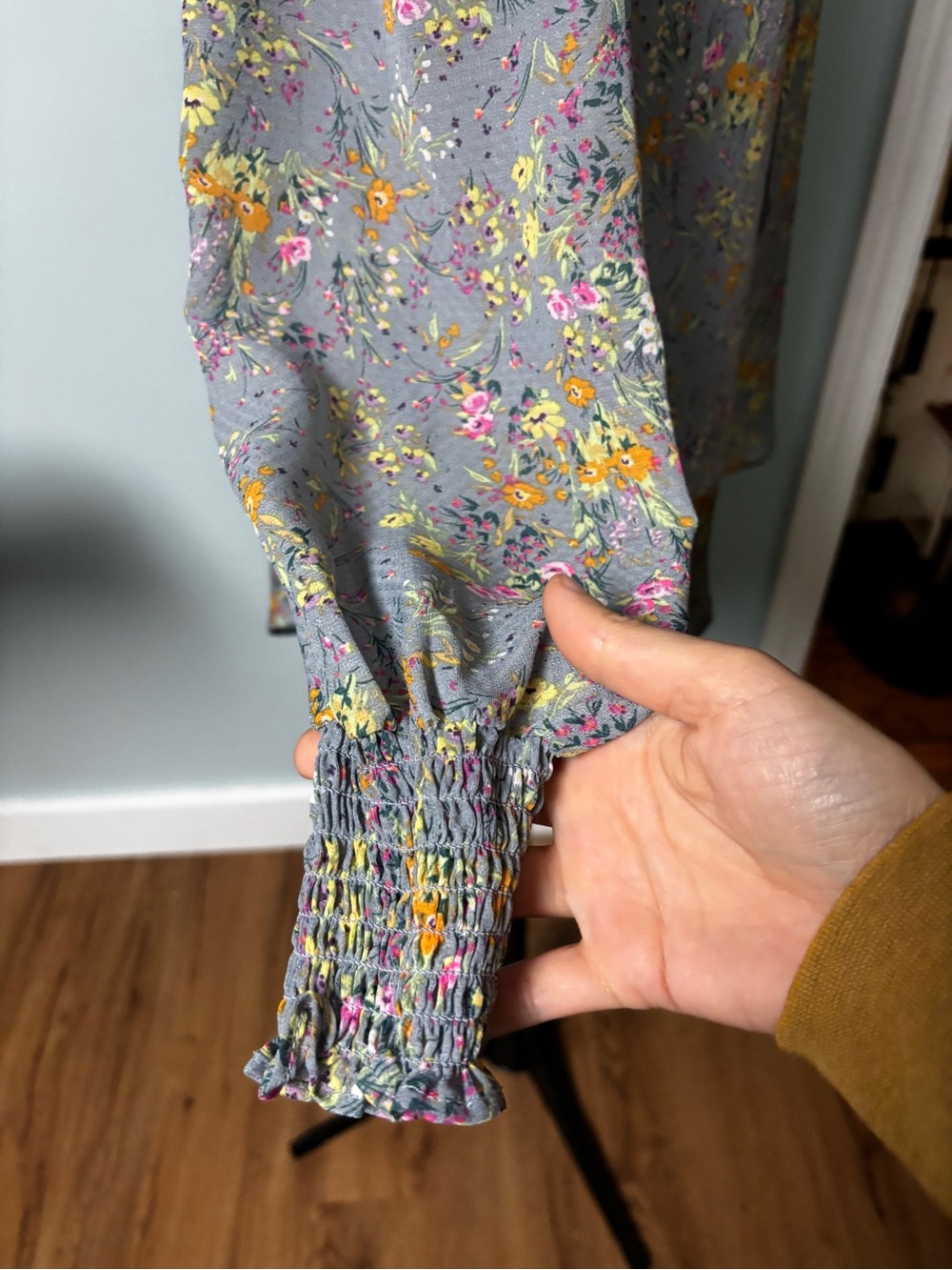 Smocked Yoke Floral Blouse - Gray with Yellow & Pink Flowers - Picture 8 of 8